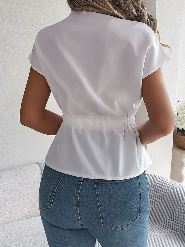 Loose Short Sleeves Drawstring Split-Joint Round-Neck Blouses&Shirts Tops - Image 9