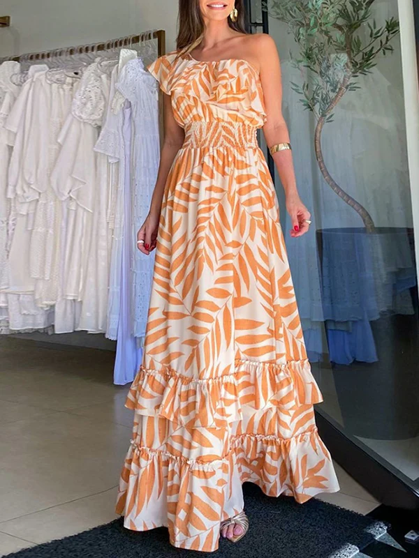 Loose Short Sleeves Elasticity Falbala Leaf Printed Off-The-Shoulder Maxi Dresses - Image 2