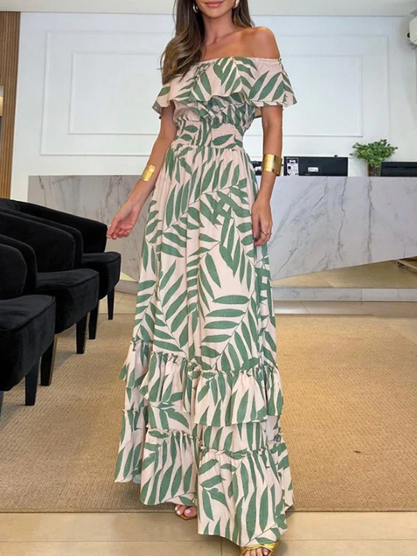 Loose Short Sleeves Elasticity Falbala Leaf Printed Off-The-Shoulder Maxi Dresses - Image 3