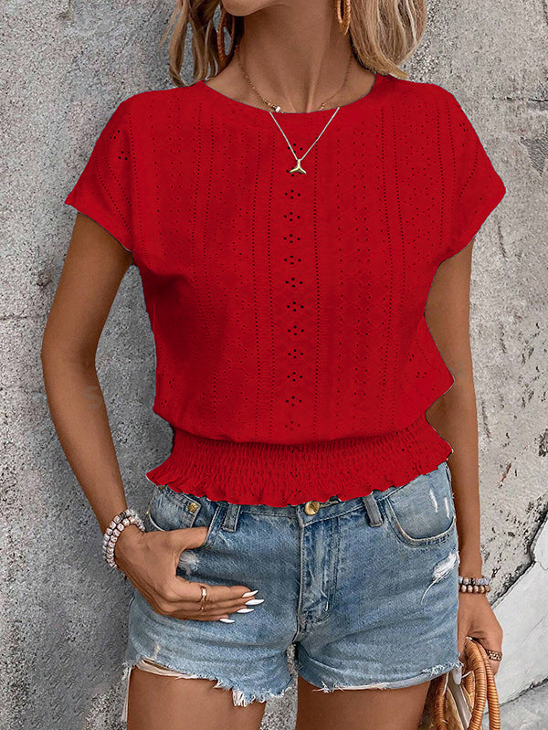 Loose Short Sleeves Elasticity Hollow Jacquard Solid Color Round-Neck T-Shirts Tops - Image 4