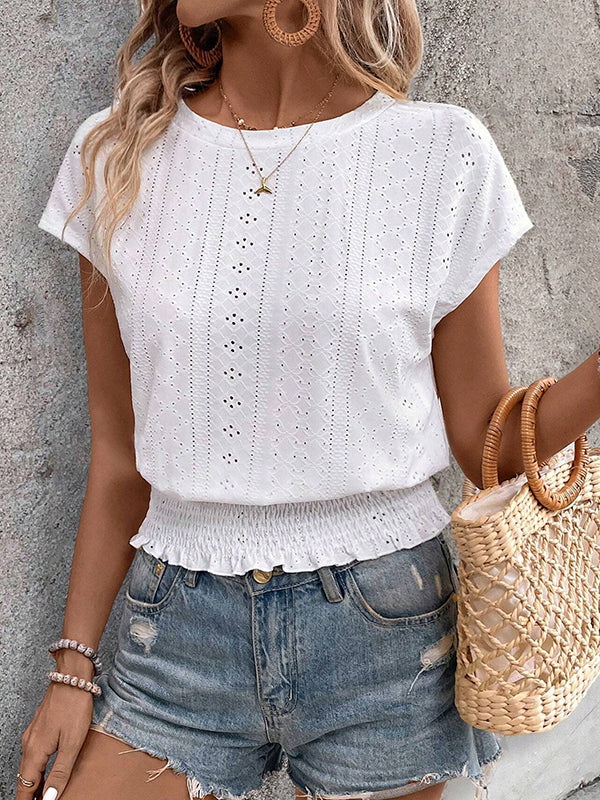 Loose Short Sleeves Elasticity Hollow Jacquard Solid Color Round-Neck T-Shirts Tops - Image 7