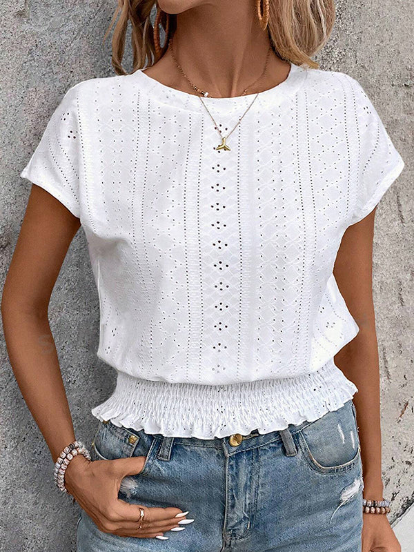 Loose Short Sleeves Elasticity Hollow Jacquard Solid Color Round-Neck T-Shirts Tops - Image 8