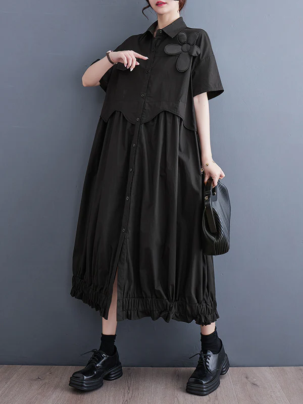 Loose Short Sleeves Elasticity Pleated Split-Joint Lapel Midi Dresses - Image 2