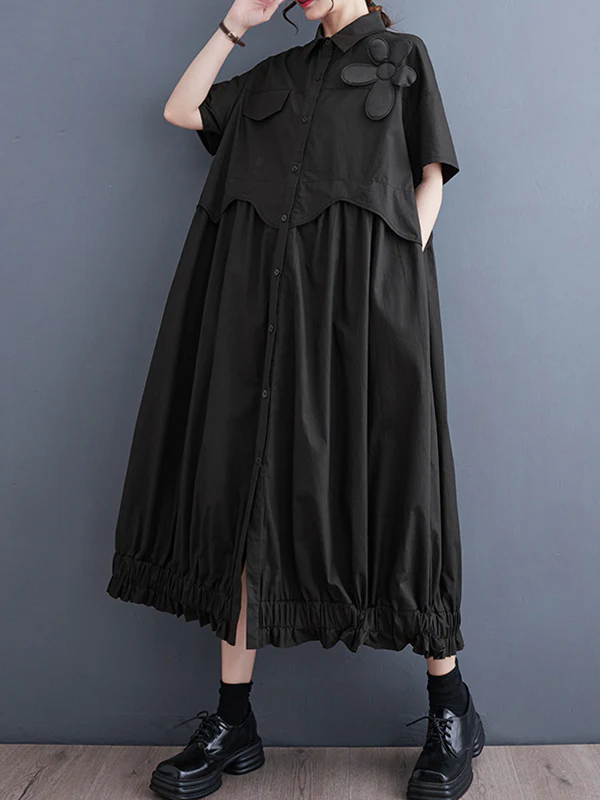 Loose Short Sleeves Elasticity Pleated Split-Joint Lapel Midi Dresses - Image 3