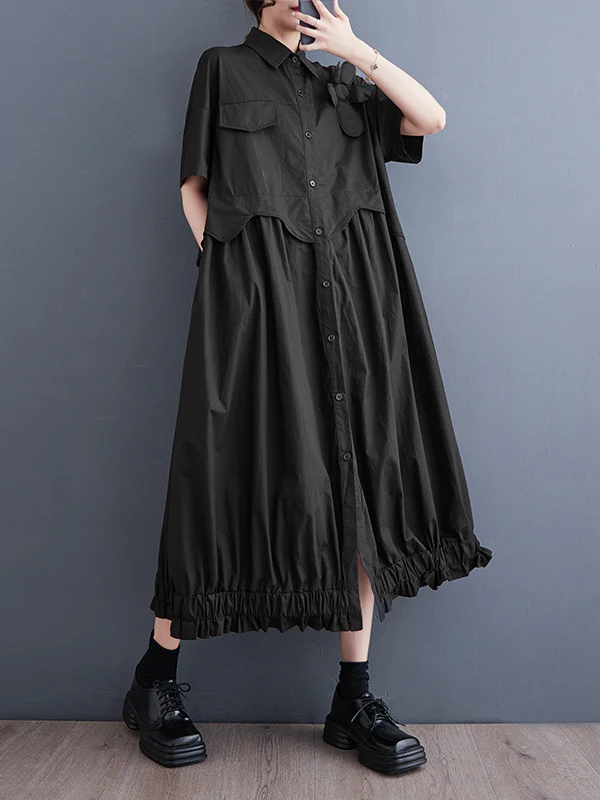 Loose Short Sleeves Elasticity Pleated Split-Joint Lapel Midi Dresses - Image 4