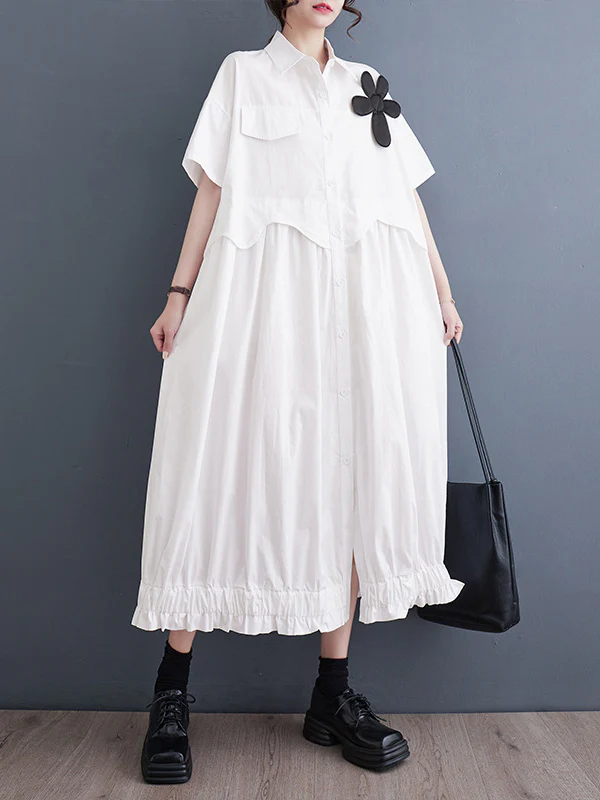 Loose Short Sleeves Elasticity Pleated Split-Joint Lapel Midi Dresses - Image 5