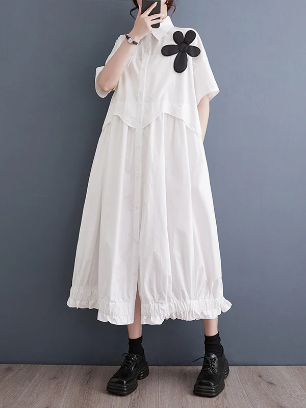 Loose Short Sleeves Elasticity Pleated Split-Joint Lapel Midi Dresses - Image 6