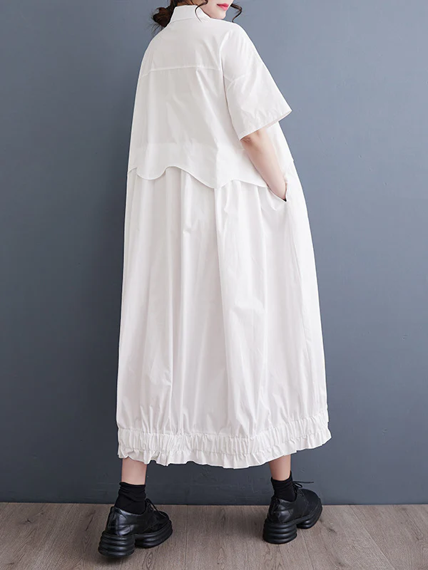 Loose Short Sleeves Elasticity Pleated Split-Joint Lapel Midi Dresses - Image 7