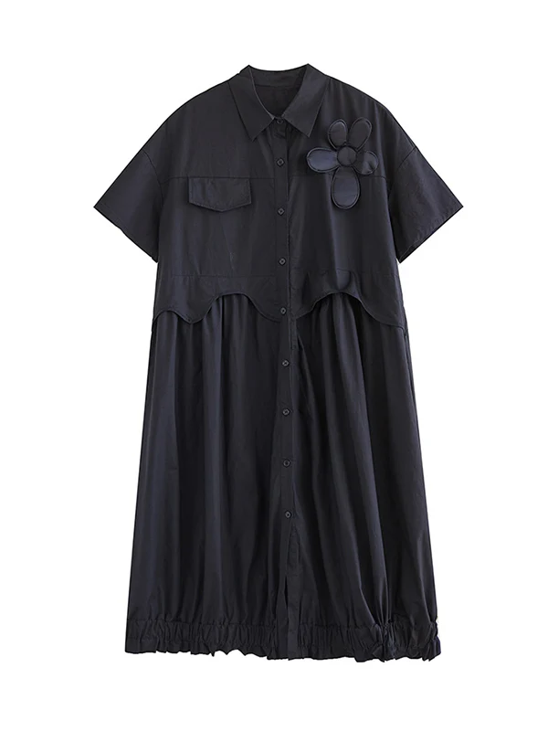 Loose Short Sleeves Elasticity Pleated Split-Joint Lapel Midi Dresses - Image 8