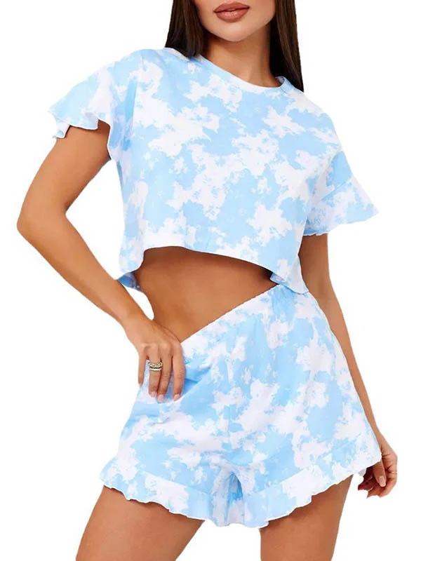 Loose Short Sleeves Elasticity Ruffle Trim Round-Neck T-Shirt Top + Shorts Bottom Pajama Sets - Image 15