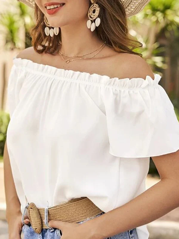 Loose Short Sleeves Elasticity Ruffle Trim Solid Color Off-The-Shoulder Blouses&Shirts Tops - Image 11