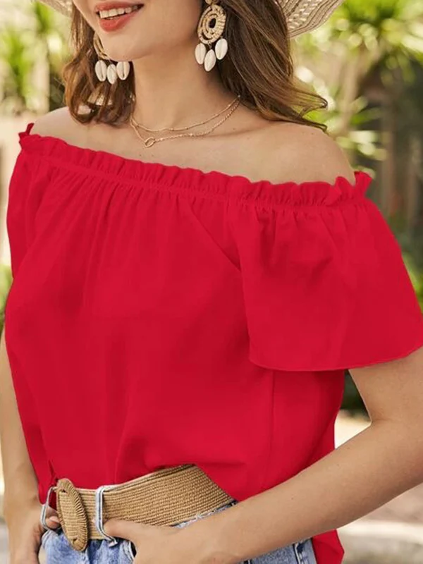 Loose Short Sleeves Elasticity Ruffle Trim Solid Color Off-The-Shoulder Blouses&Shirts Tops - Image 15