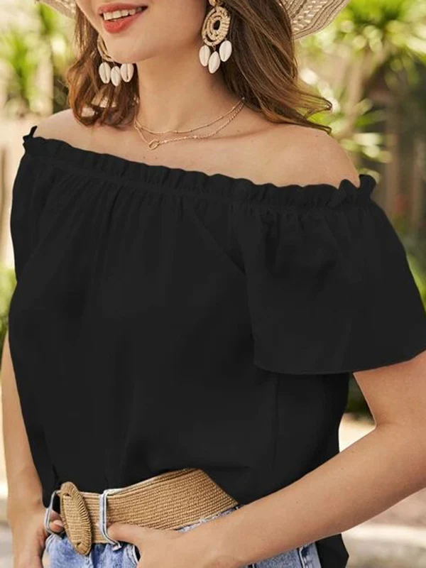 Loose Short Sleeves Elasticity Ruffle Trim Solid Color Off-The-Shoulder Blouses&Shirts Tops - Image 6