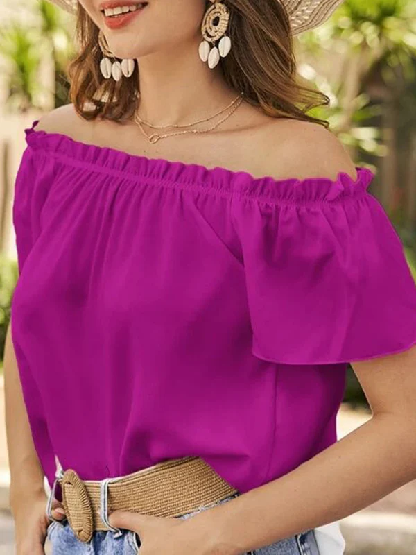 Loose Short Sleeves Elasticity Ruffle Trim Solid Color Off-The-Shoulder Blouses&Shirts Tops - Image 9