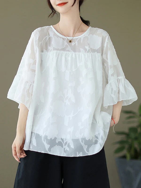 Loose Short Sleeves Falbala Pleated See-Through Split-Joint Round-Neck T-Shirts - Image 2