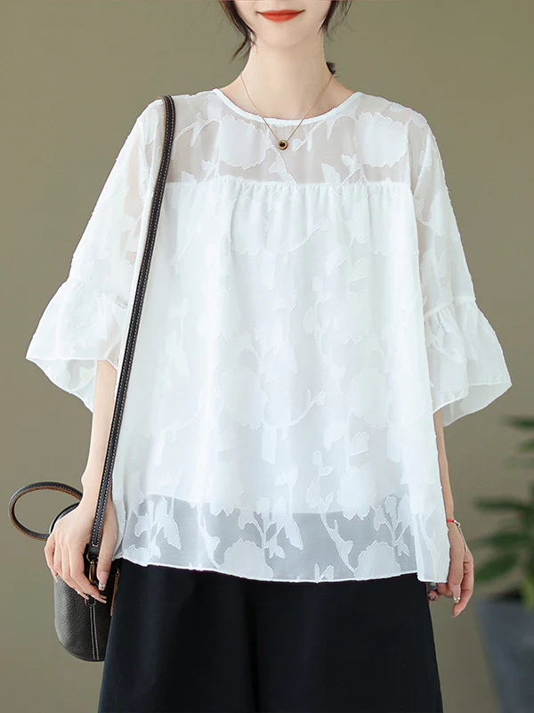 Loose Short Sleeves Falbala Pleated See-Through Split-Joint Round-Neck T-Shirts - Image 3