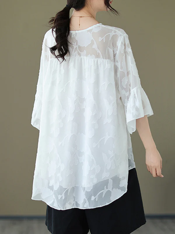 Loose Short Sleeves Falbala Pleated See-Through Split-Joint Round-Neck T-Shirts - Image 4