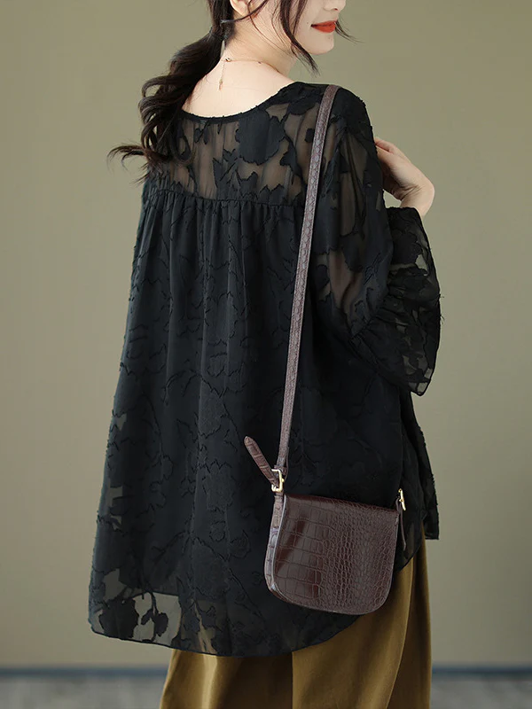 Loose Short Sleeves Falbala Pleated See-Through Split-Joint Round-Neck T-Shirts - Image 5