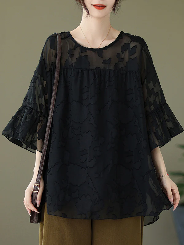 Loose Short Sleeves Falbala Pleated See-Through Split-Joint Round-Neck T-Shirts - Image 6