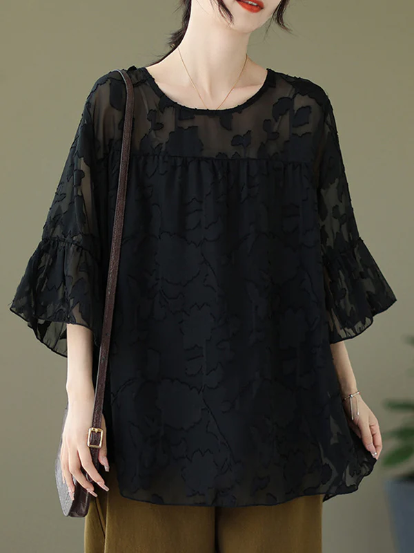 Loose Short Sleeves Falbala Pleated See-Through Split-Joint Round-Neck T-Shirts - Image 7