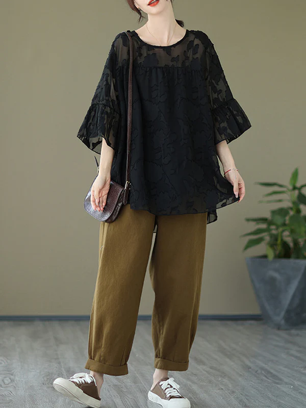 Loose Short Sleeves Falbala Pleated See-Through Split-Joint Round-Neck T-Shirts - Image 8