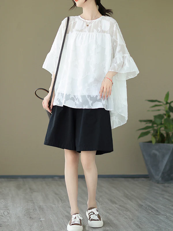 Loose Short Sleeves Falbala Pleated See-Through Split-Joint Round-Neck T-Shirts - Image 9