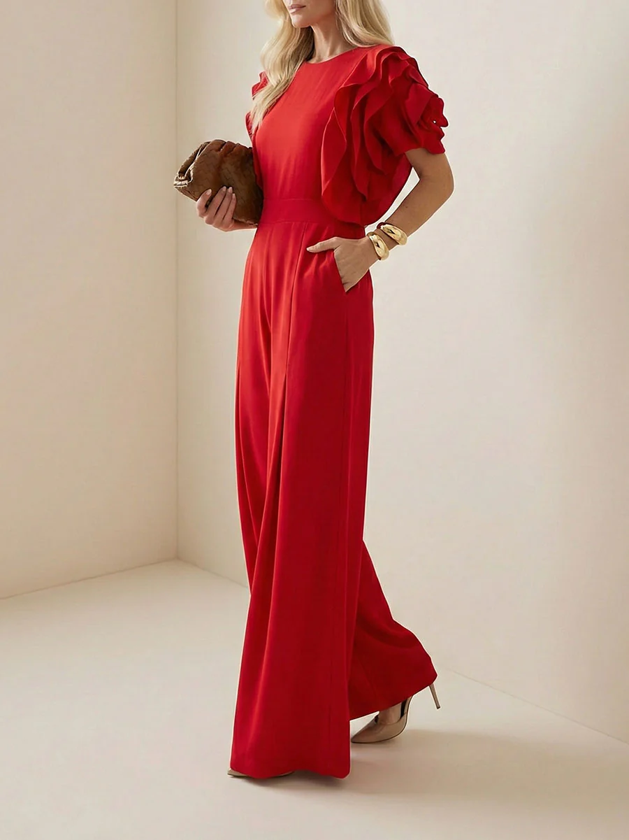 Loose Short Sleeves Falbala Solid Color Round-Neck Jumpsuits - Image 2