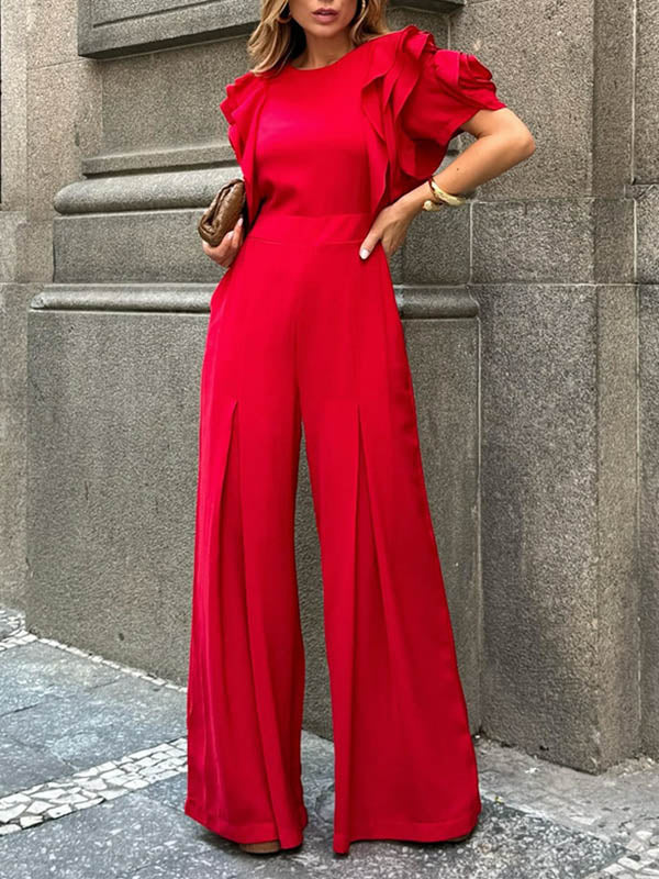 Loose Short Sleeves Falbala Solid Color Round-Neck Jumpsuits - Image 3