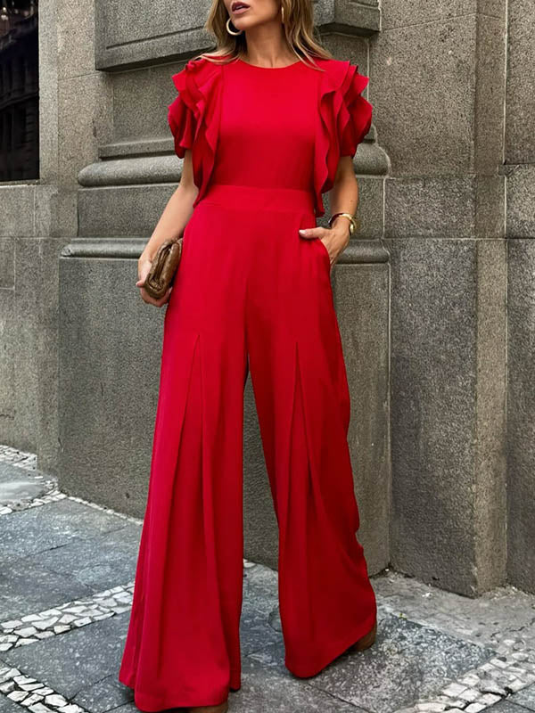 Loose Short Sleeves Falbala Solid Color Round-Neck Jumpsuits - Image 4