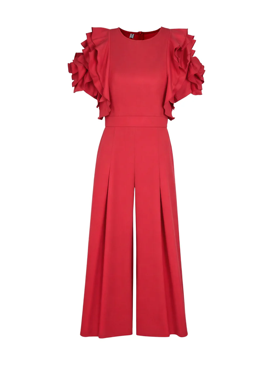 Loose Short Sleeves Falbala Solid Color Round-Neck Jumpsuits - Image 7