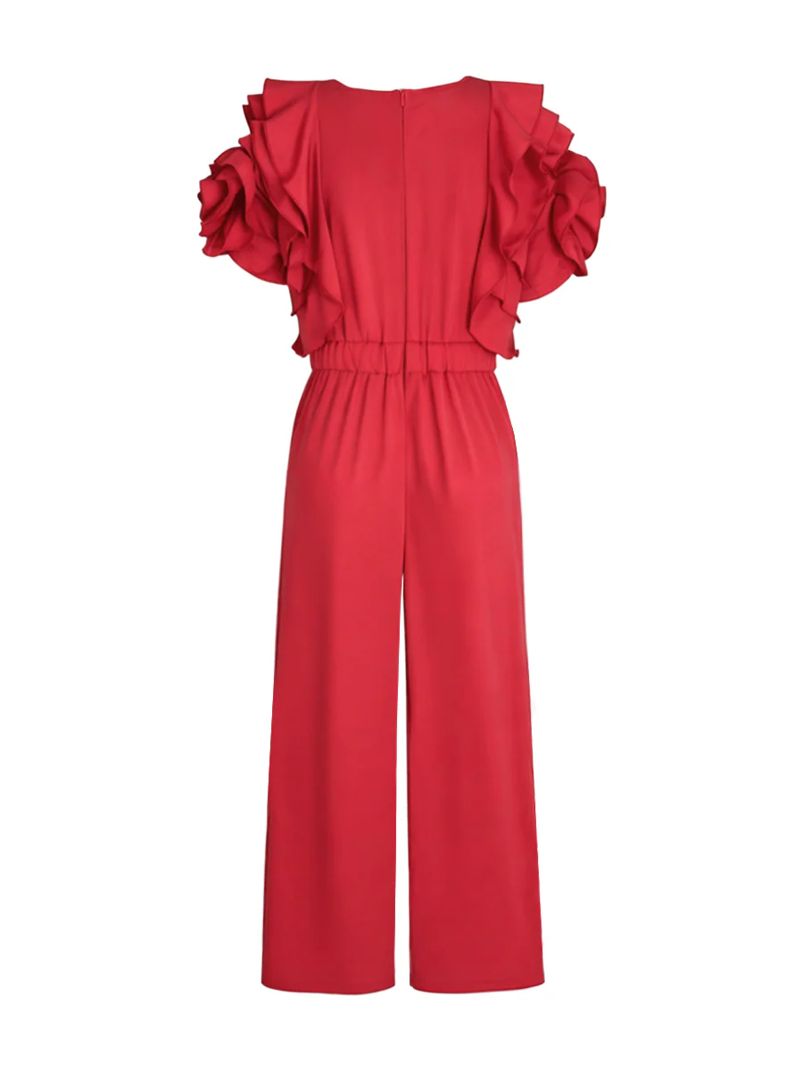 Loose Short Sleeves Falbala Solid Color Round-Neck Jumpsuits - Image 8