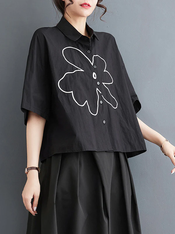 Loose Short Sleeves Floral Printed Lapel Blouses - Image 10