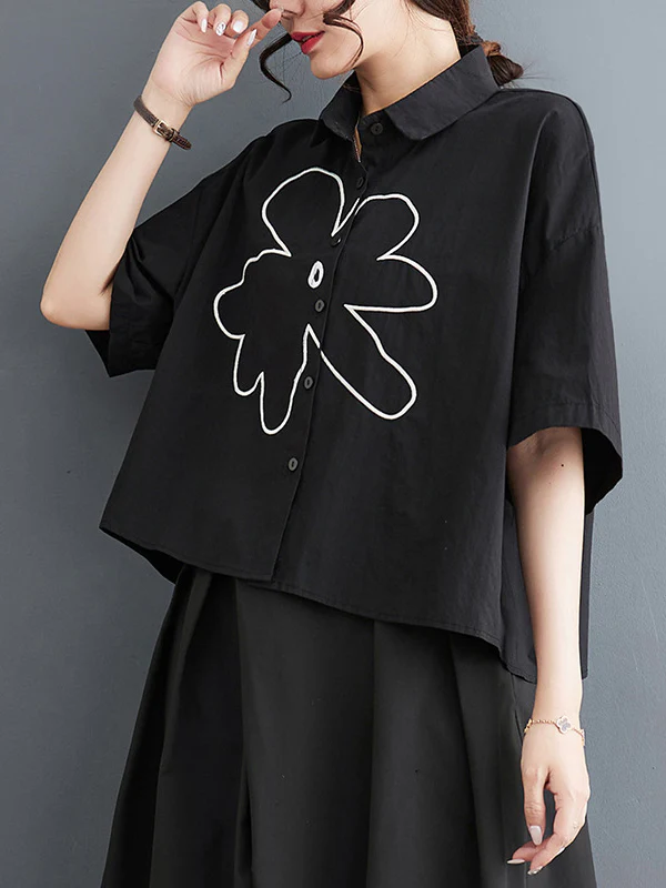 Loose Short Sleeves Floral Printed Lapel Blouses - Image 11