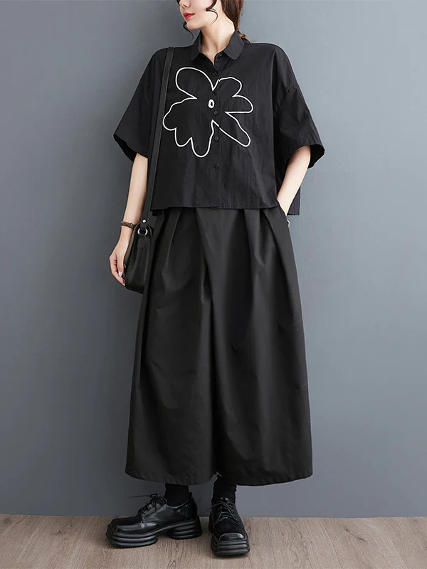 Loose Short Sleeves Floral Printed Lapel Blouses - Image 12