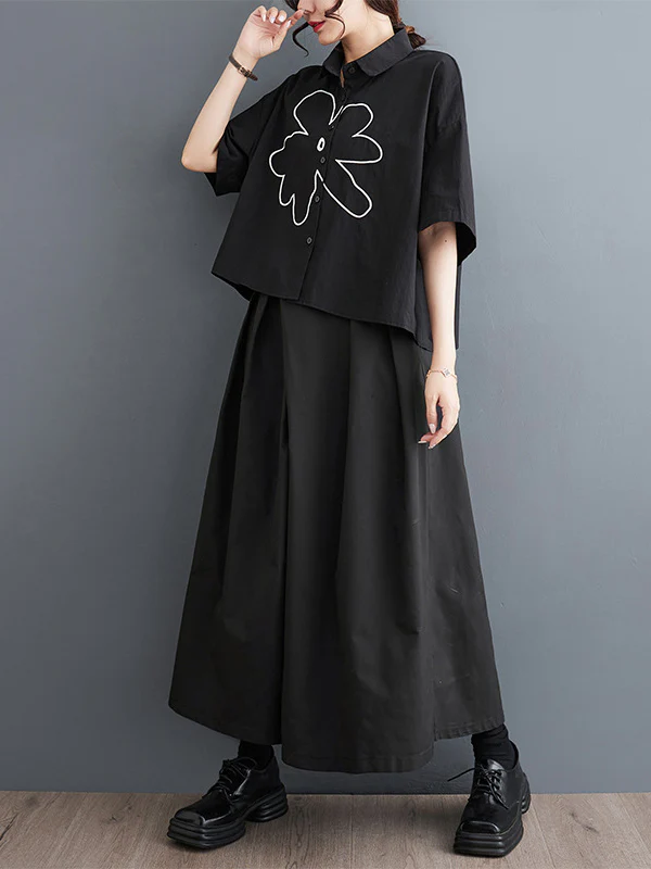 Loose Short Sleeves Floral Printed Lapel Blouses - Image 13