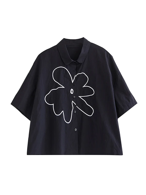 Loose Short Sleeves Floral Printed Lapel Blouses - Image 14