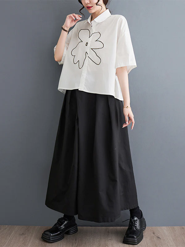 Loose Short Sleeves Floral Printed Lapel Blouses - Image 15