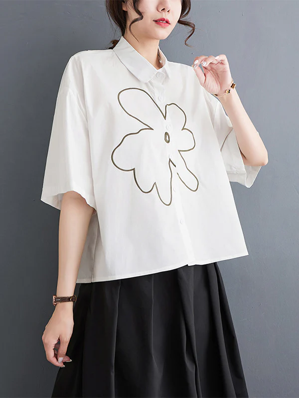 Loose Short Sleeves Floral Printed Lapel Blouses - Image 2