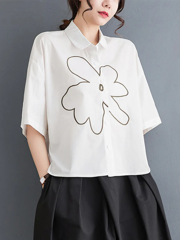 Loose Short Sleeves Floral Printed Lapel Blouses - Image 3