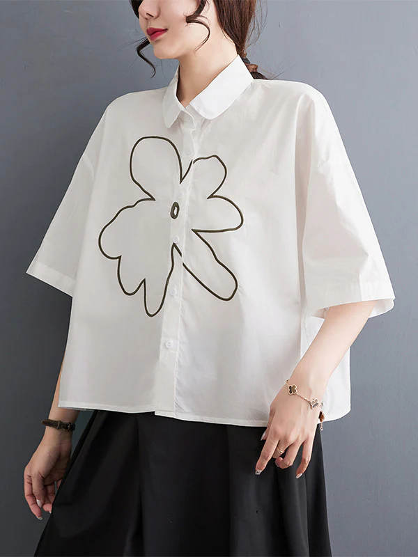Loose Short Sleeves Floral Printed Lapel Blouses - Image 4