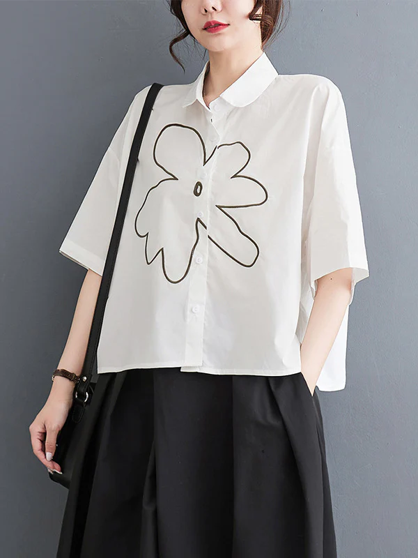 Loose Short Sleeves Floral Printed Lapel Blouses - Image 5
