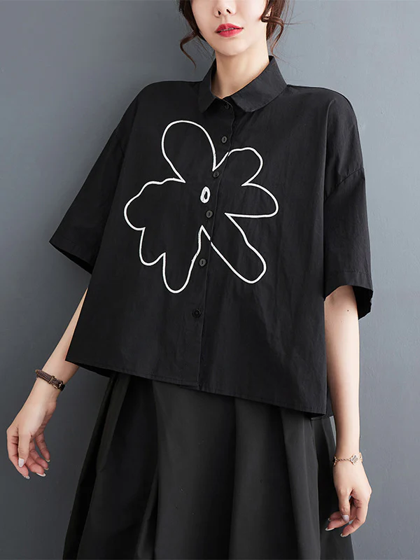 Loose Short Sleeves Floral Printed Lapel Blouses - Image 7