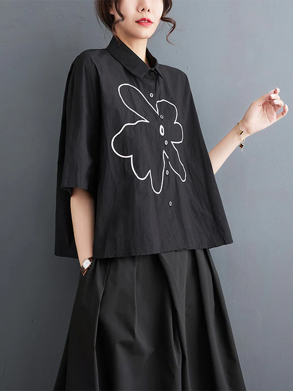 Loose Short Sleeves Floral Printed Lapel Blouses - Image 8