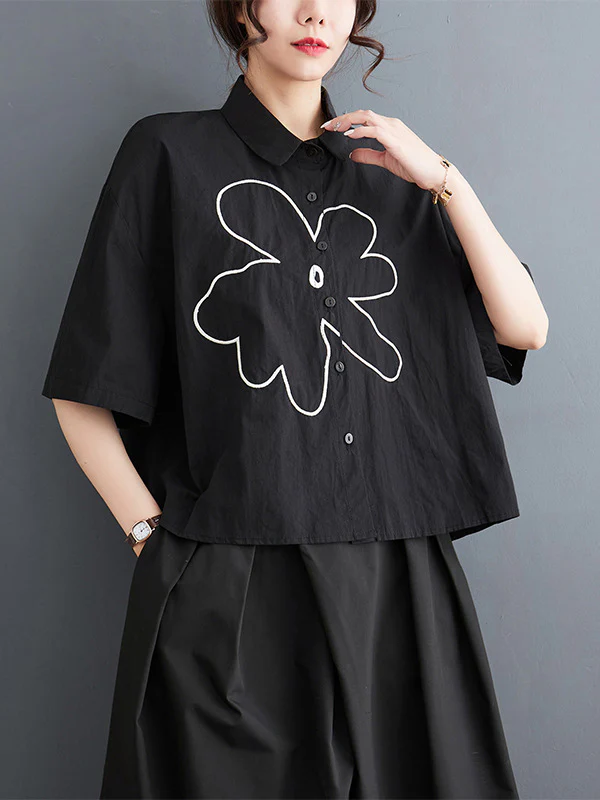 Loose Short Sleeves Floral Printed Lapel Blouses - Image 9