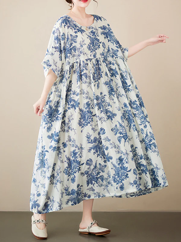 Loose Short Sleeves Floral Printed Pleated Split-Joint Round-Neck Midi Dresses - Image 10