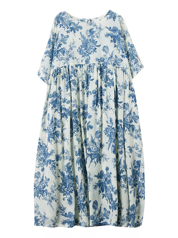 Loose Short Sleeves Floral Printed Pleated Split-Joint Round-Neck Midi Dresses - Image 11