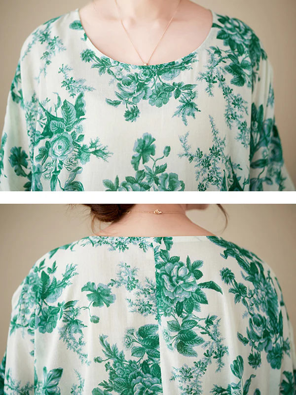 Loose Short Sleeves Floral Printed Pleated Split-Joint Round-Neck Midi Dresses - Image 12