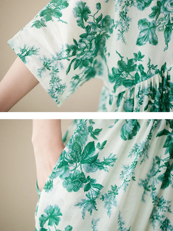 Loose Short Sleeves Floral Printed Pleated Split-Joint Round-Neck Midi Dresses - Image 13