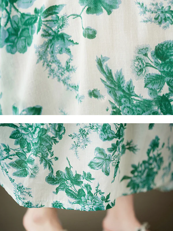 Loose Short Sleeves Floral Printed Pleated Split-Joint Round-Neck Midi Dresses - Image 14