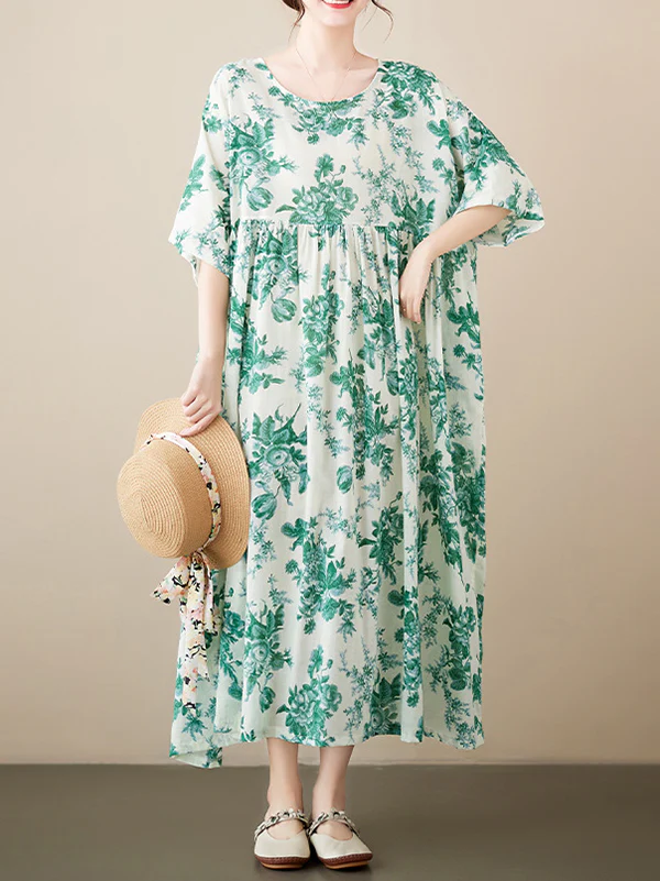 Loose Short Sleeves Floral Printed Pleated Split-Joint Round-Neck Midi Dresses - Image 2